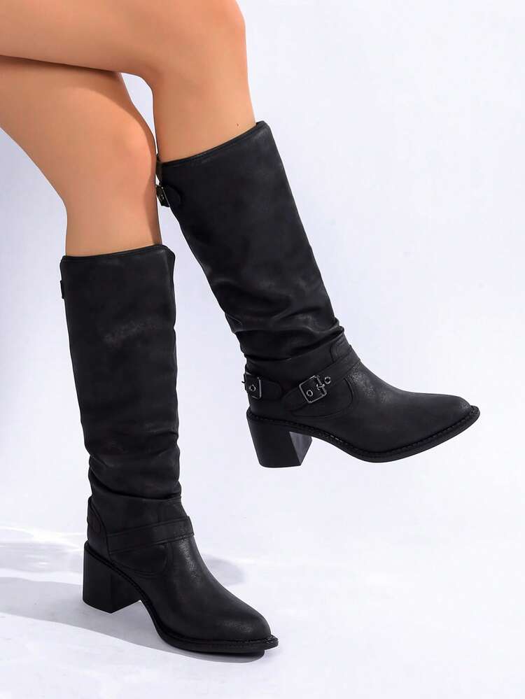 全新 PU 铆钉金属扣高筒靴，黑色褶皱及膝马靴，时尚舒适，适合任何场合 - 黑色 - 查看 2