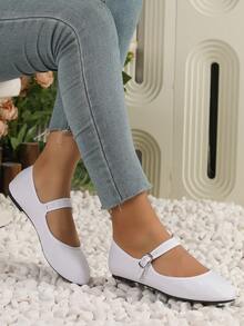 Women's Mary Jane Flats With Buckle Strap – Microfiber Suede Ballet Shoes With TPR Outsole – Casual Round Toe Slip-On Black Dress Flats - 白色 - 查看 5