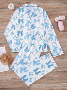 2pcs Sweet Blue Bow Print Women Pajama Set, Long Sleeve Lapel Top And Loose Elastic Pants, Suitable For Holiday Party, Casual Wear, All Seasons, Fall Clothes - Blue - View 2