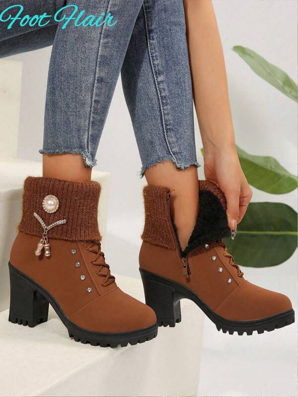 Women's Knitted Collar Button Floral Decor Side Zip High Heeled Boots, Fashion Versatile Platform Ankle Boots, Brown, Warm For Autumn/Winter