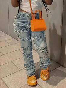 Teens' Fashionable Embroidery Tassel Jeans, Teens' Stretch Slim Tassel Denim Jeans - Medium Wash - View 4