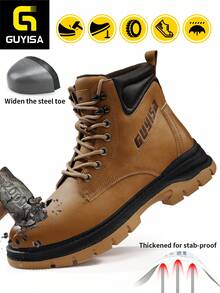 GUYISA 安全鞋，欧盟标准钢头，防砸防刺，轻便高帮工作靴，软橡胶鞋底，皮革鞋面，时尚防护 - 棕色 - 查看 1