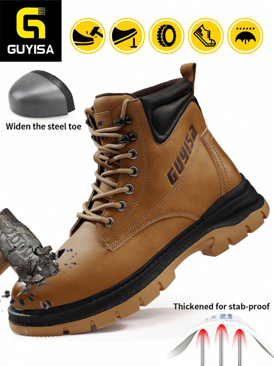 GUYISA 安全鞋，欧盟标准钢头，防砸防刺，轻便高帮工作靴，软橡胶鞋底，皮革鞋面，时尚防护 - 棕色 - 查看 1