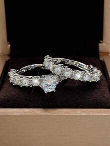 2 件套华丽方晶锆石戒指，适合女士，情人节礼物，结婚周年派对珠宝 - 銀色 - 查看 6