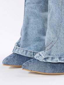 蓝色纯色性感西式休闲通勤西部中筒靴，新款尖头叠层高筒女靴，复古喇叭裤靴，厚底高跟马靴，适合婚礼、派对、办公室、室内和室外，春秋季