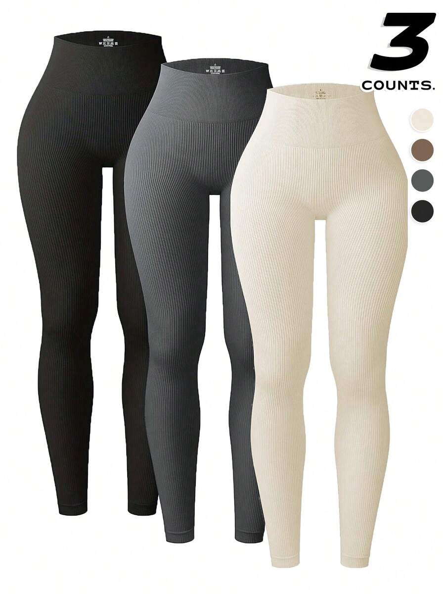 3pcs Set Of Plaid Solid Color Yoga Leggings, Seamless Butt-Lifting Wide Waistband Sports Tights, Women's Sportswear - 彩色 - 查看 1