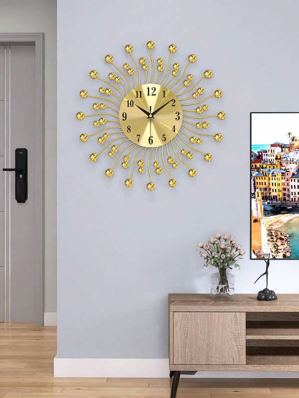 1pc Large Metal Decorative Wall Clock, Round Curved Sun Shape With Rhinestones, Gold & Black, 15 Inch, Silent Non-Ticking For Living Room, Bedroom, Dining Room, Office Modern Home Decor Room Decor