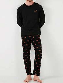 Spring And Autumn Men's Pajamas Round Neck Pullover Pug Cute Puppy Print Long Sleeve Top & Pants Two Pieces Home Clothes Set, For Fall Winter - Black - View 5