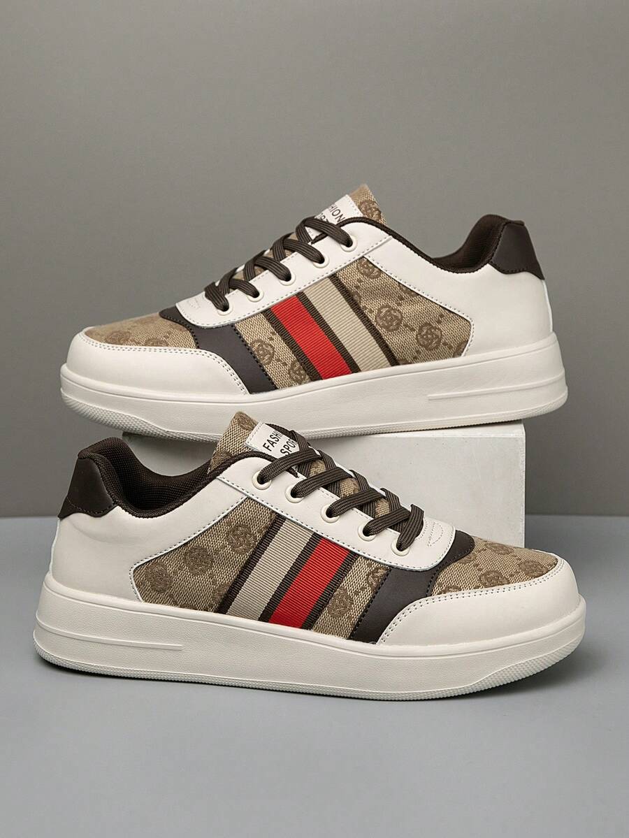Men's Minimalist Fashion Contrast Color Letter Pattern Patchwork Low-Top Lace-Up Versatile Comfortable Casual Sneakers - Beige - View 1