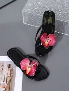 Dép đi biển họa tiết hoa mới 2025, dép bệt phong cách ngày lễ thoải mái cho phụ nữ ngoại cỡ, dép xỏ ngón thường ngày, phiên bản ngày lễ tình nhân - màu đen - Xem 4