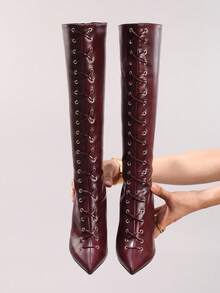 秋冬女士系带酒红色过膝长靴，性感尖头派对/舞会拉链粗跟高筒靴，时尚 - 酒紅色 - 查看 4