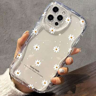 1个白色雏菊可爱向日葵笑脸卡通励志字母时尚透明3D波浪全包防摔手机壳，兼容三星/Spark/Infinix/OPPO，防水防震防刮，国际版，非国内版