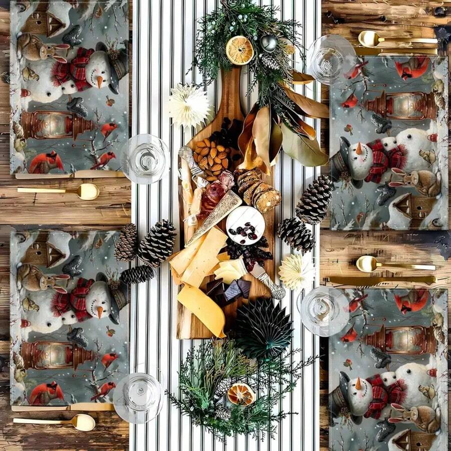 1pc/4pcs Set Christmas Theme Placemats, Cozy Winter Vibe, Snowman & Cardinal Pattern Decor, Linen Woven Heat-Resistant Mats, Holiday Snowman & Decor Design Easy To Clean, Perfect For Holiday Kitchen Decor, Party Tablecloth And Home Decor