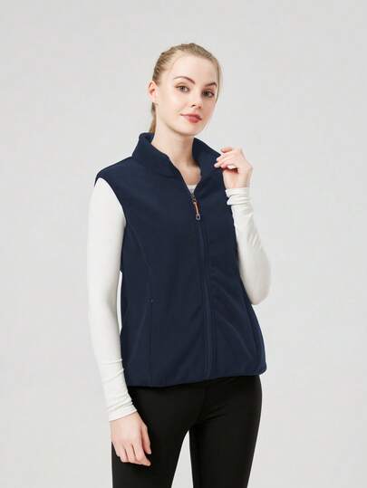 1pc Women's Outdoor Sports Vest Jacket, Spring, Outdoor, Hidden Zipper, Waist Cinched, Slim Fit,Fleece,Winter
