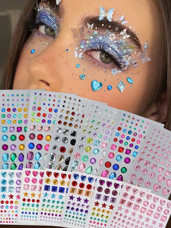 3D Rhinestone Assortment Set - Includes Radiant Star, Heart, Water Drop, Square Faux Jewel Decals For DIY, Face, Hair, Eyes, Body Decoration, Suitable For Y2K, Festivals, Parties, Concerts, Cosplay