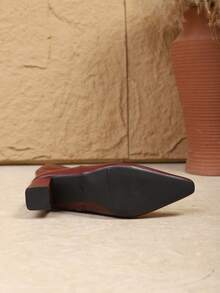 2025 年秋冬新款时尚加大码侧拉链高跟靴，粗跟纯色及膝靴，时尚优雅经典，酒红色靴子 - 酒紅色 - 查看 6