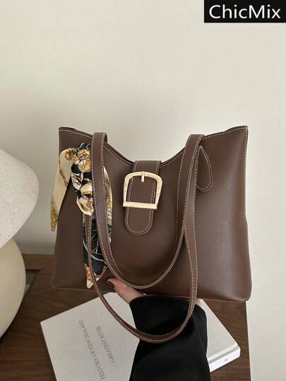 A Single Shoulder Tote Bag With Silk Scarf Decoration PU Material Hardware Buckle, Large Capacity, Lightweight And Versatile, Suitable For Commuting Silk Scarf