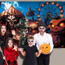 1pc-Halloween Horror Circus Backdrop - Terrifying Evil Clown With Bloody Smile & Carnival Props, Heavy Duty Polyester Fabric For Scary Party Decor, Photo Booth, Indoor Outdoor Haunted Theme