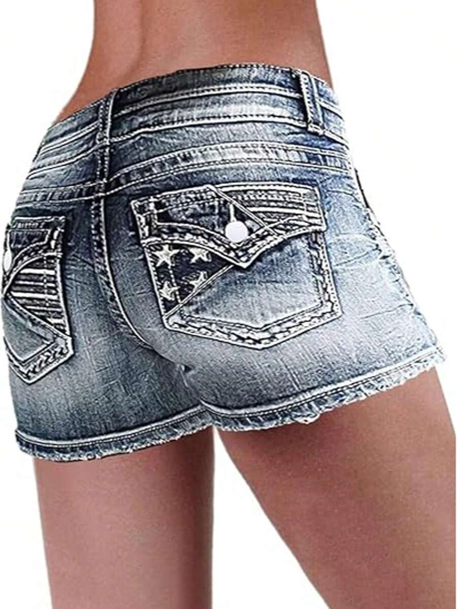 Jean Shorts For Women Denim Mid Waist Skinny Stretchy Casual Summer Raw Hem Shorts