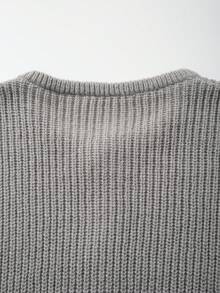 男女款休闲宽松罗纹圆领长袖开衫，简约风格，秋冬 - 灰色 - 查看 11