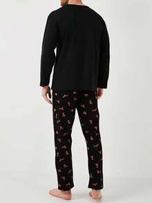 Spring And Autumn Men's Pajamas Round Neck Pullover Pug Cute Puppy Print Long Sleeve Top & Pants Two Pieces Home Clothes Set, For Fall Winter - Black - View 4