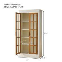 71.2'' Freestanding Pantry Cabinet With Glass Door, Farmhouse Display Cabinets With Adjustable Shelevs, Curio Cabinet With Lattice Window For Hallways, Livingroom Kitchen & Office, White & Brown RR