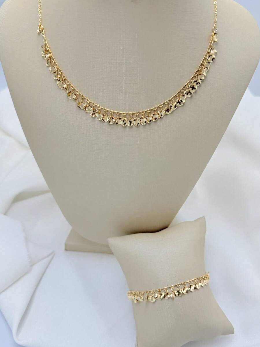 Women's Round Sequin Necklace And Bracelet Set, 18k Gold Plated And 925 Silver - 金色 - 查看 1