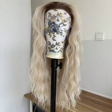 Long Wavy Natural Hairline Women Ombre Blonde Daily Wear Heat Resistant Synthetic Hair 13X4X1 Inch Glueless T Lace Front Wigs Soft