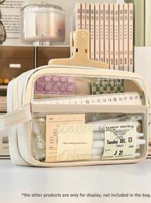 手提双层透明铅笔袋笔袋撞色方形收纳袋文具学校返校铅笔袋书包 - 藍色 - 查看 13