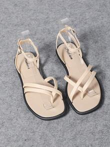 2025 Women's Summer Ankle Strap Fashionable Color Block Flat Sandals, Suitable For Spring, Summer, Beach, Casual, Mother's Day Gift, New Style Metal Buckle Flat Roman Sandals - Beige - View 9