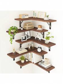 Corner Floating Shelves, Wall Mounted Corner Shelf Set Of 5, Rustic Wood Wall Shelves For Bathroom, Kitchen, Bedroom Or Living Room (Carbonized Black),Corner Floating Shelves, Rustic Wood Wall Shelves For Bathroom, Kitchen, Bedroom Or Living Room (Dark Carbonized Black) Bathroom Accessories - Black - View 1