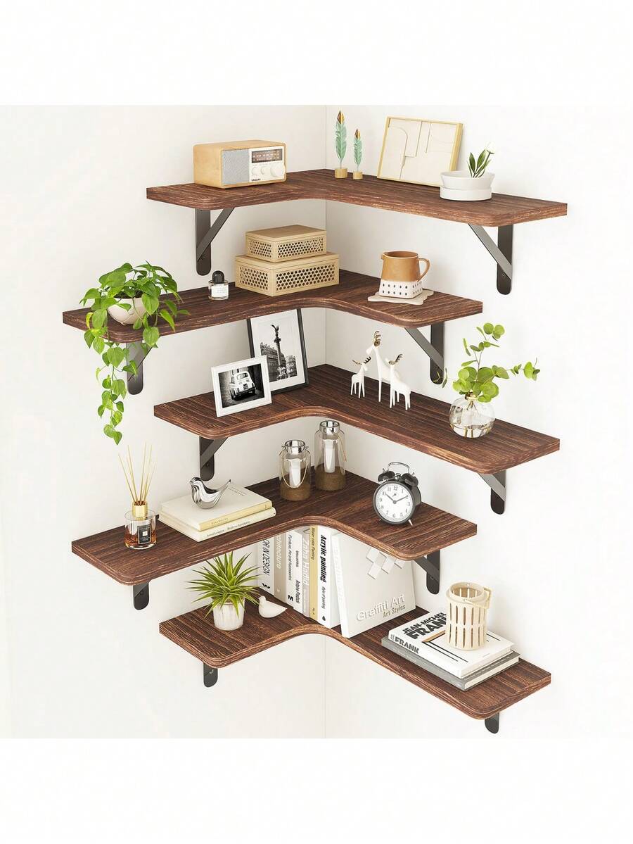 Corner Floating Shelves, Wall Mounted Corner Shelf Set Of 5, Rustic Wood Wall Shelves For Bathroom, Kitchen, Bedroom Or Living Room (Carbonized Black),Corner Floating Shelves, Rustic Wood Wall Shelves For Bathroom, Kitchen, Bedroom Or Living Room (Dark Carbonized Black) Bathroom Accessories - Black - View 1