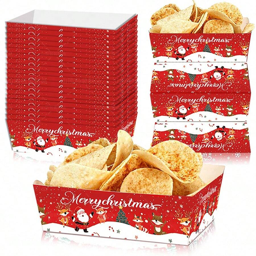 4pcs Christmas Food Snack Trays, Disposable Paper Trays With Santa Claus, Reindeer And Snowflake Patterns, Suitable For Holiday Parties And Tailgates, Christmas Gift Bags