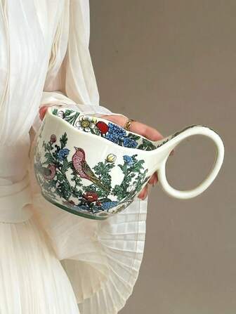 1 pieza Taza de café de cerámica con diseño floral y de pájaro de lirio del valle, estilo minimalista Ins de gran capacidad, elegante taza para el té de la tarde, gran capacidad para postre, ensalada, desayuno de avena, latte, taza de café creativa comercial
