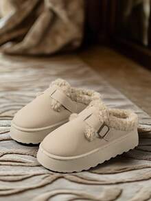 2025 Women's New Slip-On Fluffy Slippers, Winter Outdoor Wear, Plush Lining, Thick Sole, Buckle Strap, Platform, Large Size, Black Snow Boots - Beige - View 3