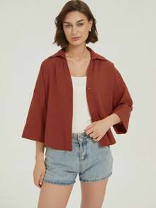 قميص أصفر زبدي واسع الأكمام للمكتب والأنشطة اليومية، أكمام ثلاثة أرباع للخريف المبكر، قميص فضفاض وأنيق للشارع