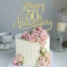 1Pc Glitter Happy 50th Anniversary Cake Toppers -Wedding Anniversary Party Decorations, 50th Wedding Anniversary, Company Anniversary Party, Birthday Party Decorations - Multicolor - View 2
