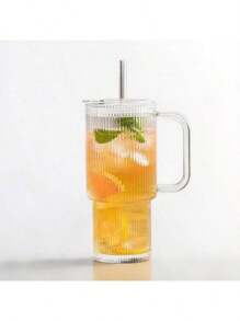 1 Pieza de Vaso de Agua de Gran Capacidad de 600ml/21oz, Nuevo Vaso de Vidrio de Verano para Mujeres con Tapa y Pajita, Vaso de Vidrio a Rayas Verticales (con Pajita y Tapa) Hermoso Vaso de Vidrio para Beber Café, Té, Leche, Americano Helado y Bebidas de Latte