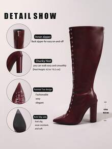 秋冬女士系带酒红色过膝长靴，性感尖头派对/舞会拉链粗跟高筒靴，时尚 - 酒紅色 - 查看 3