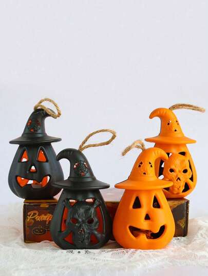 4 件装万圣节南瓜灯，LED 手持骷髅小灯笼，万圣节户外装饰，万圣节派对用品，营造场地氛围的恐怖小灯笼道具