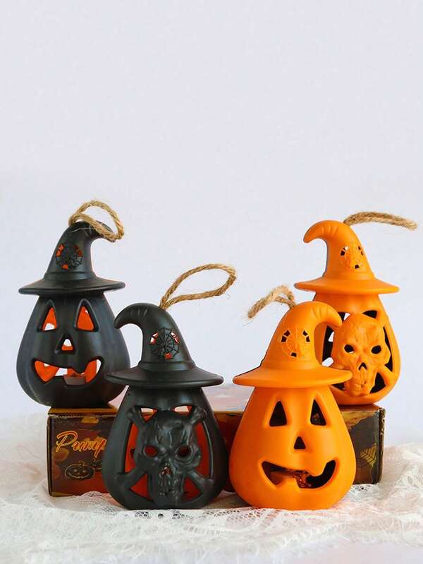 4 件装万圣节南瓜灯，LED 手持骷髅小灯笼，万圣节户外装饰，万圣节派对用品，营造场地氛围的恐怖小灯笼道具