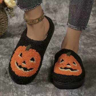 Comfortable Pumpkin Lantern Cartoon Slippers For Women, Indoor Home Use, Warm Autumn/Winter Halloween Slippers