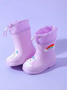 2025 New Children's Mid-Calf Rain Boots, Thick Warm Durable Rubber Boots, Cute Cartoon Drawstring Design, Waterproof, High-End Rubber Shoes For Boys & Girls, Elementary School Students, Fresh Style Mid-Calf Rain Boots - Violet Purple - View 3