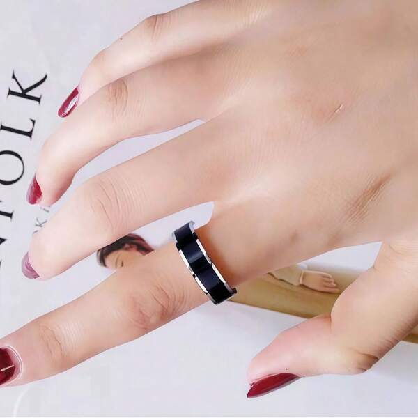 1 Stück minimalistischer schwarzer Streifen Edelstahlring, nicht verblassender Schmuck, mit Epoxid-beschichtetem Mittelschlitz, geeignet für den täglichen Gebrauch von Frauen, Geschenk für Freunde