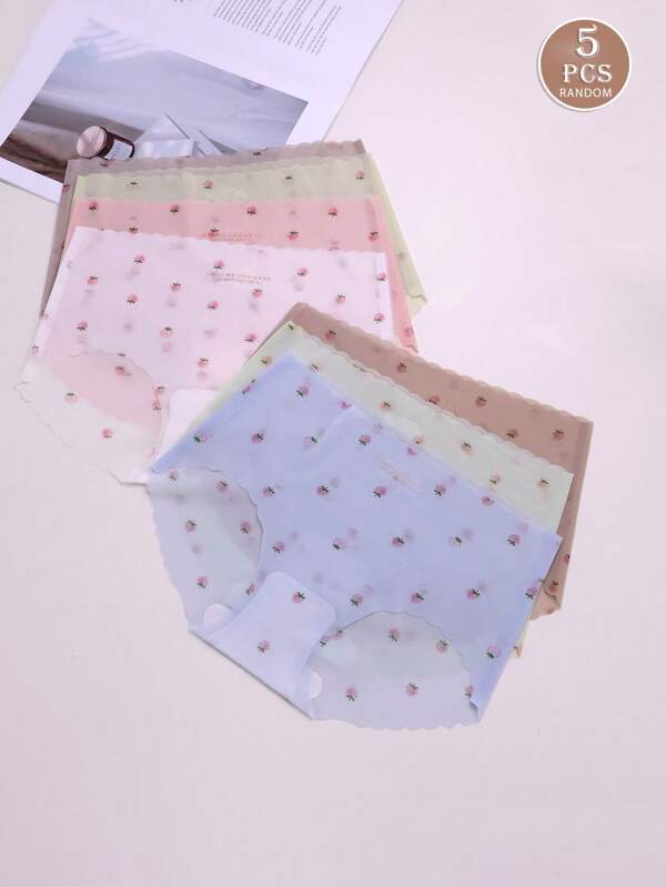 5pcs Women's Random Ice Silk Macaron Color Strawberry Printed Thongs