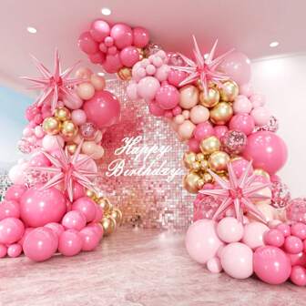 140 piezas Kit de arco de globos rosa, 153 piezas con estrellas - 22, 12, 10, 5 pulgadas globos de látex rosa y dorados con confeti, para niños, niñas, bebés, revelación de género, boda, cumpleaños, decoración de habitación y fiestas
