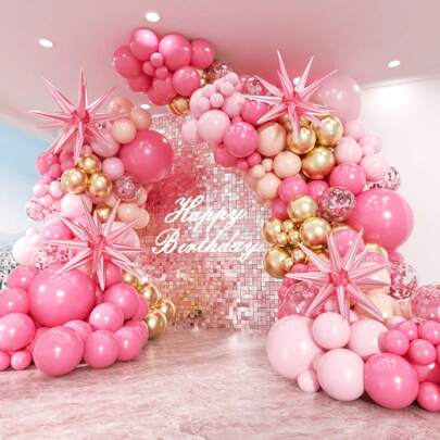 140pcs Pink Balloon Arch Kit, 153pcs With Stars - 22, 12, 10, 5 Inch Pink & Gold Confetti Latex Balloons, For Boys, Girls, Kids, Babies Shower, Gender Reveal, Wedding, Birthday, Room, Party Decorations