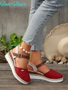 Sandalias de mujer talla grande con bloque de color, tira trasera sin espalda, suela de cuerda de cáñamo, plataforma ligera, cuña y estilo romano para playa y vacaciones - Rojo - Ver 5