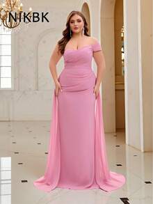 NIKBK 大码腮红粉色露肩美人鱼礼服 - 褶饰雪纺紧身胸衣，不对称飘逸雪纺拖尾，鸡心领口和拖地下摆 | 优雅正式礼服，适合晚会、婚宴、舞会和黑色领带仪式 - 粉色 - 查看 7