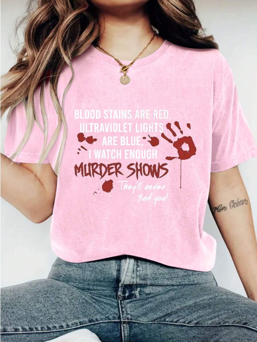 Women Blood Palm Print Loose Oversized T-Shirt For Women - Casual Polyester Knit Fabric With Round Neckline, All-Season Comfort, 1 Piece, 200gsm - hồng - Xem 1